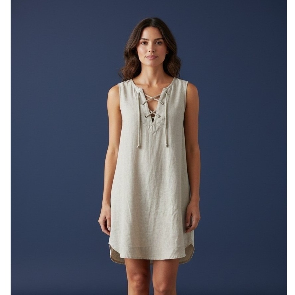 Bella Dahl Womens Linen Blend Lace Up Shift Dress Beige Small